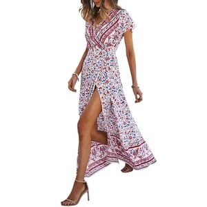 Ecowish Floral Boho Wrap Maxi Dress V‑Neck Short Sleeve Women's Size M